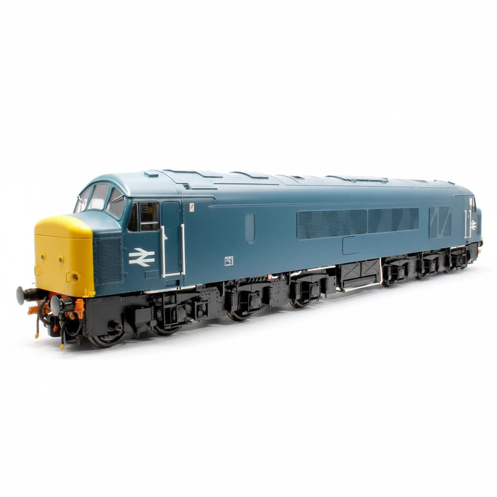 Model of a blue diesel locomotive with yellow front on a white background
